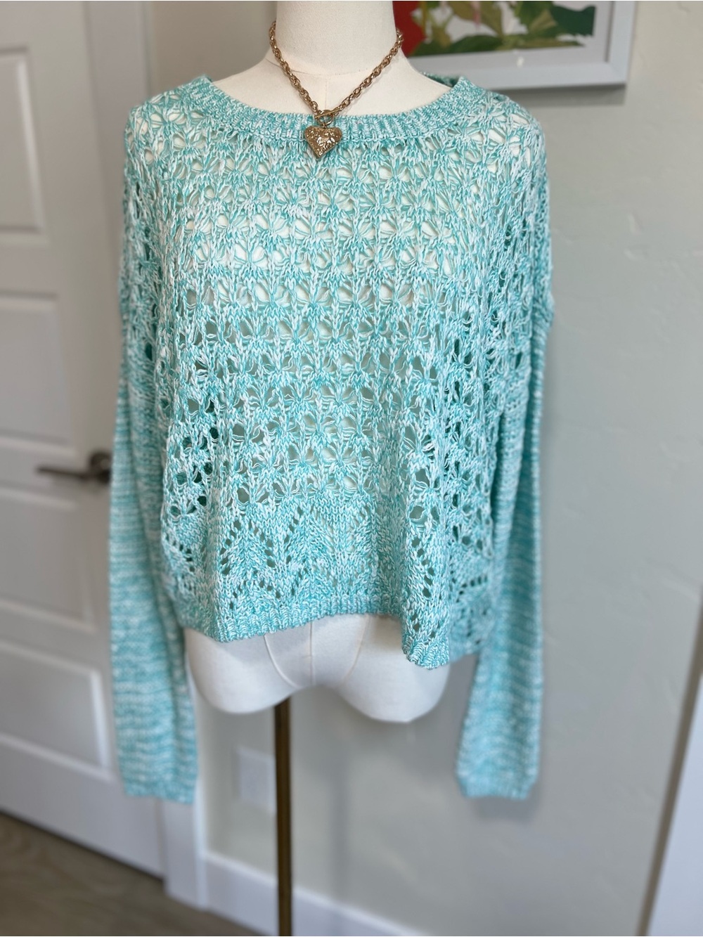 Open-Knit Aqua Crewneck Sweater🌷
